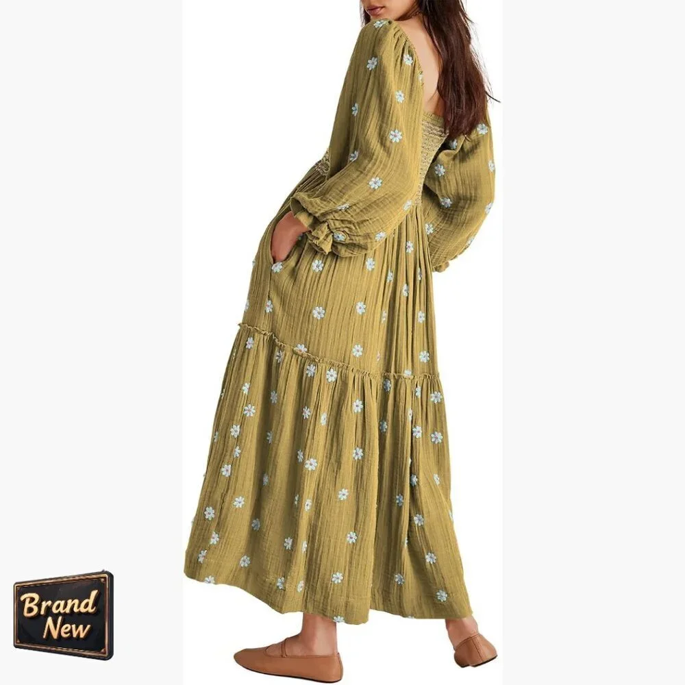 Long Sleeve Embroidered Maxi Dress, Cotton, Floor Length, Square Neck